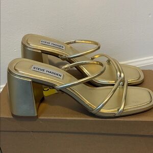 Steve Madden Gemini Gold Strappy Block Heels